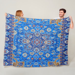 Blue geometric antique persian mid century pattern fleece blanket