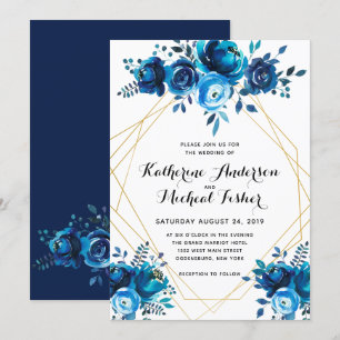 Blue Geometric Floral Wedding Invitation