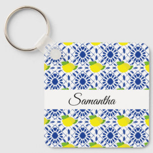 Blue Geometric Lemon Tile Keychain