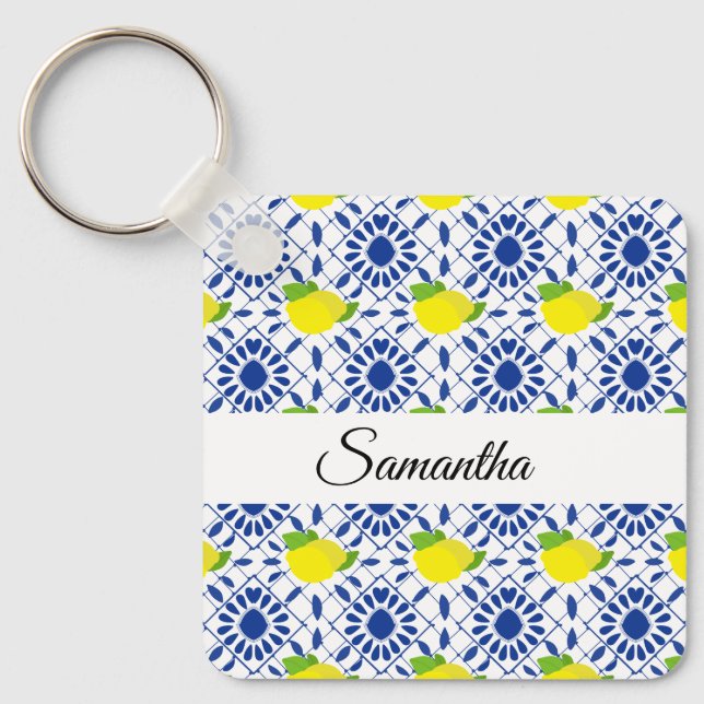 Blue Geometric Lemon Tile Keychain (Front)