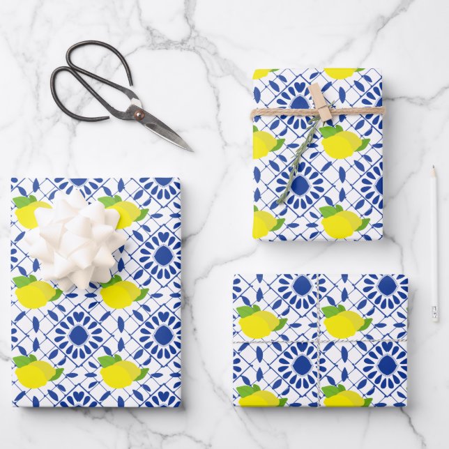 Blue Geometric Lemon Tile Wrapping Paper Sheet (Front)