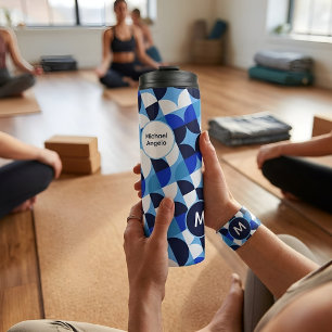 Blue Geometric Mosaic Bauhaus Monogram Custom Name Thermal Tumbler
