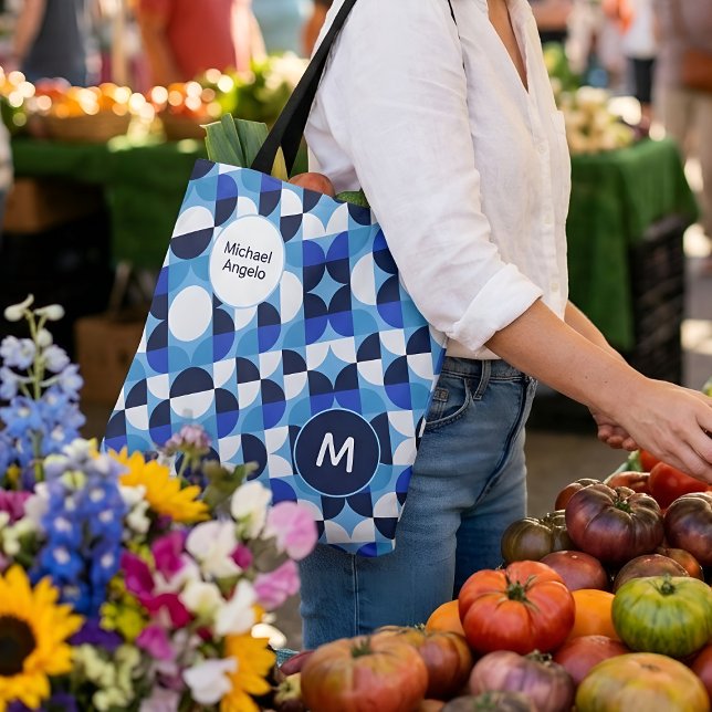 Blue Geometric Mosaic Bauhaus Monogram Custom Name Tote Bag (Creator Uploaded)