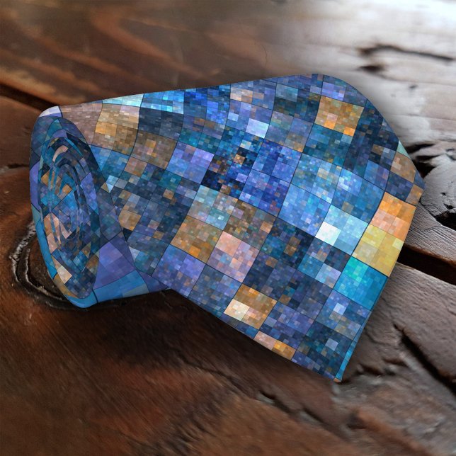 Blue Geometric Mosaic Pattern Tie (Tie featuring a modern geometric mosaic pattern in blue purple and a variety of other colors)
