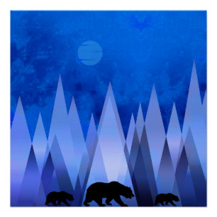 BLUE GEOMETRIC MOUNTAINS BEAR POSTER