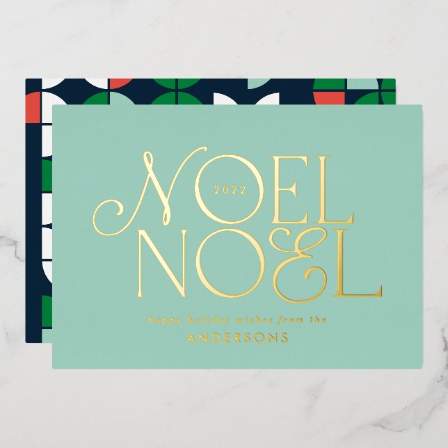 blue geometric Noel script elegant modern  Foil Holiday Card (Front/Back)