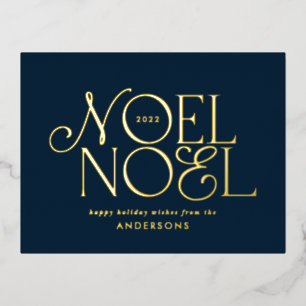 blue geometric Noel script elegant modern  Foil Holiday Postcard
