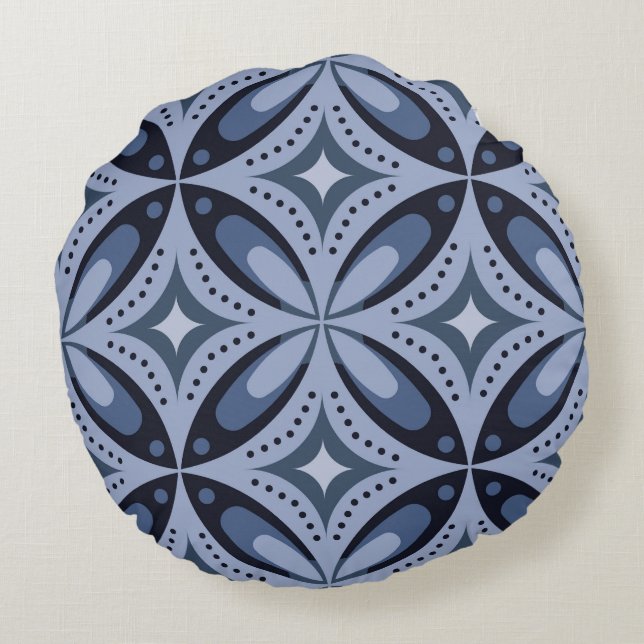 Blue Geometric Pattern Retro Style Round Pillow (Back)