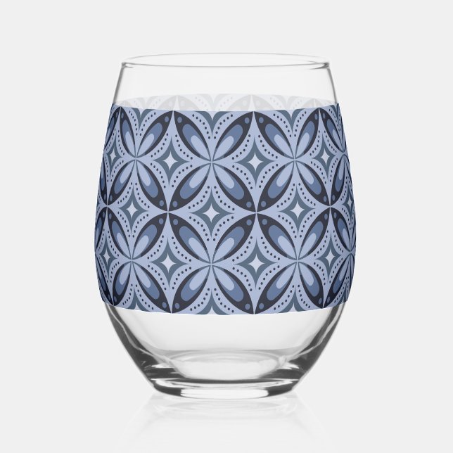 Blue Geometric Pattern Retro Style Stemless Wine Glass (Front)