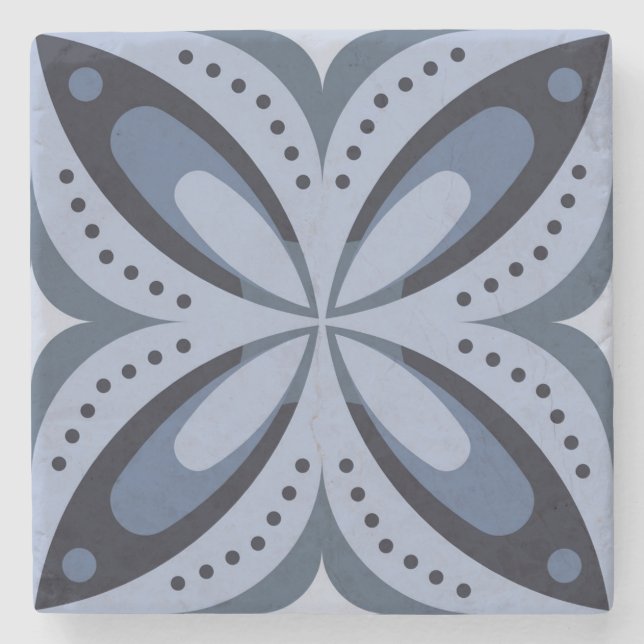 Blue Geometric Pattern Retro Style Stone Coaster (Front)