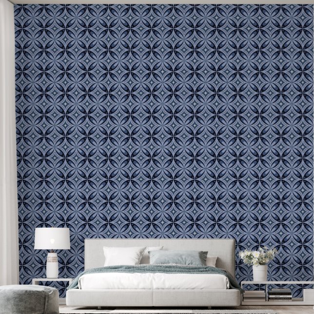 Blue Geometric Pattern Retro Style Wallpaper (Bedroom)