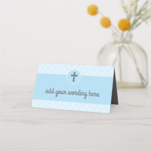 Blue Geometric Pattern With Gray Cross Baptism Place Card