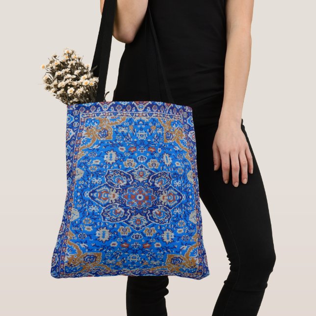 Blue geometric persian turkish mid century pattern tote bag (Close Up)