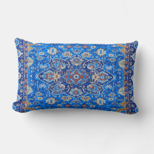 Blue Geometric Persian Turkish Rug Print Lumbar Pillow
