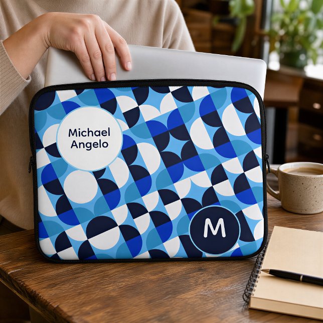 Blue Geometric Personalized Monogram Initial Laptop Sleeve (Creator Uploaded)