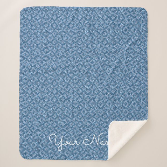 Blue Geometric Personalized Name Sherpa Blanket (Front)