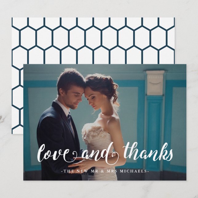 Blue Geometric Print Wedding Thank You Photo Card (Front/Back)