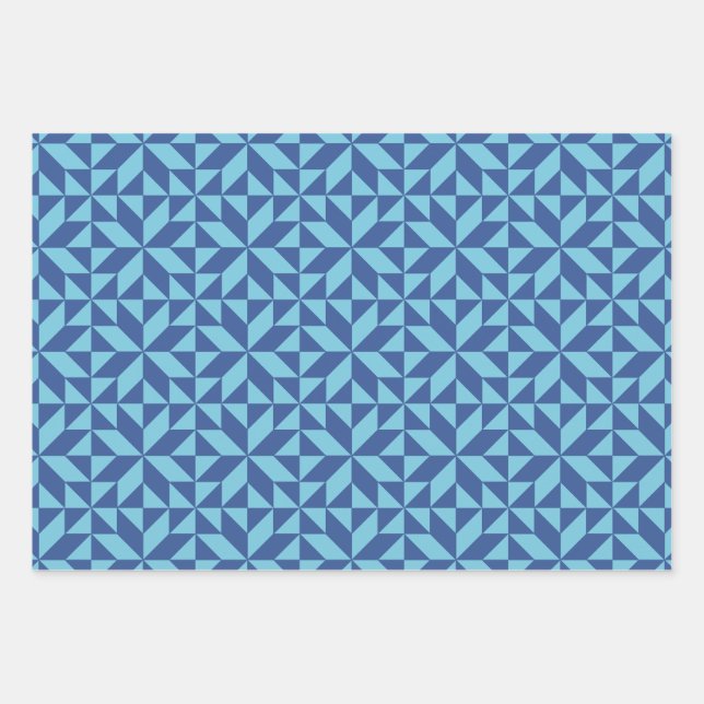 Blue Geometric Quilt Block Pattern Wrapping Paper Sheet (Front)