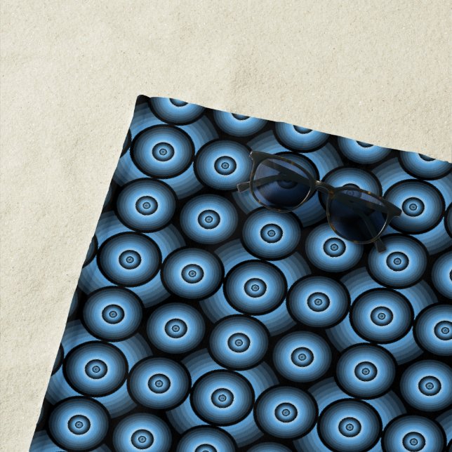 Blue geometric retro circle pattern beach towel (In Situ)