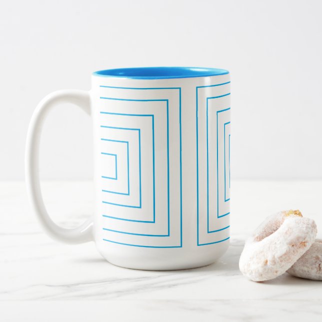 Blue Geometric Square Pattern Two-Tone Coffee Mug (With Donut)