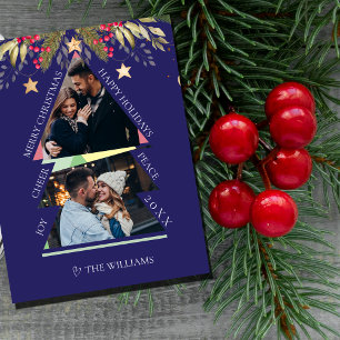Blue Geometric Tree Merry Christmas Photo Card