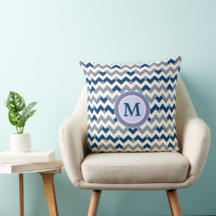 blue geometric trendy chevron stripes monogrammed throw pillow