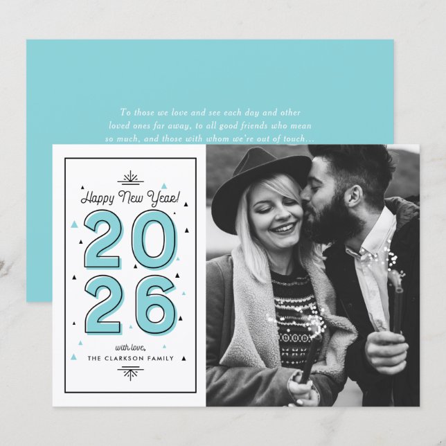 Blue Geometric Typography 2025 New Year Holiday Card (Front/Back)