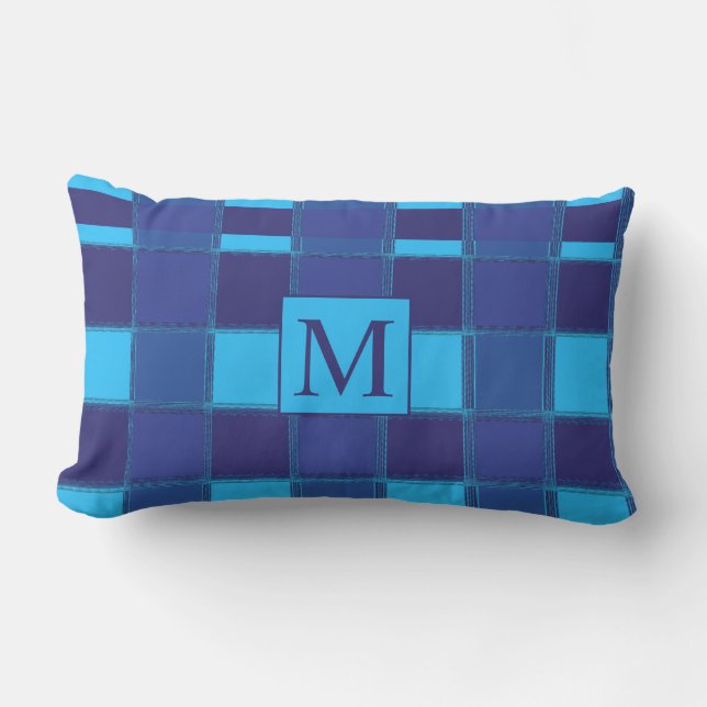  Blue Geometric Unique Gingham Patterns Monograms Lumbar Pillow (Front)
