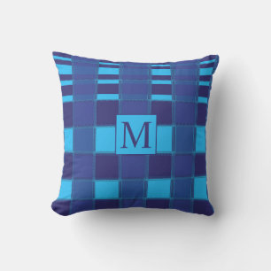  Blue Geometric Unique Gingham Patterns Monograms Outdoor Pillow