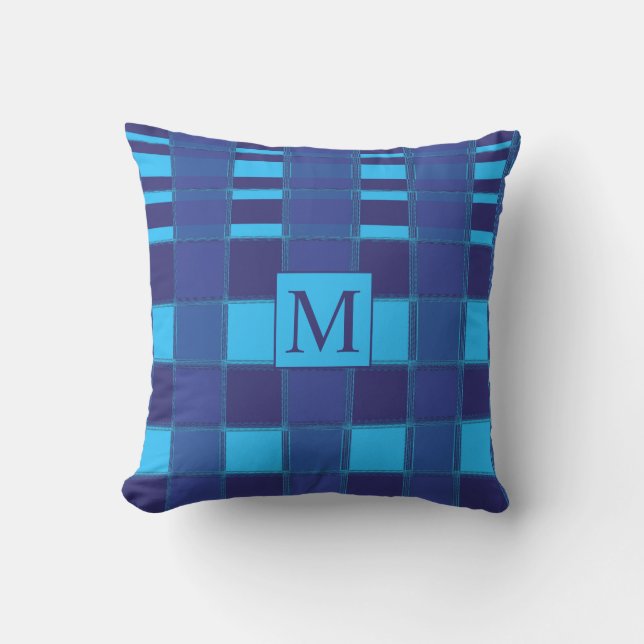  Blue Geometric Unique Gingham Patterns Monograms Outdoor Pillow (Front)