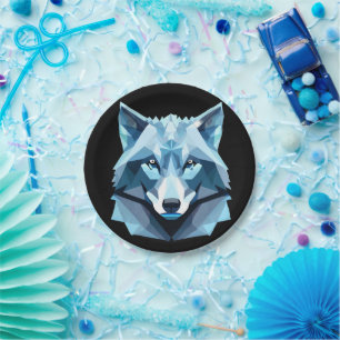 Blue Geometric Wolf Head Paper Plate