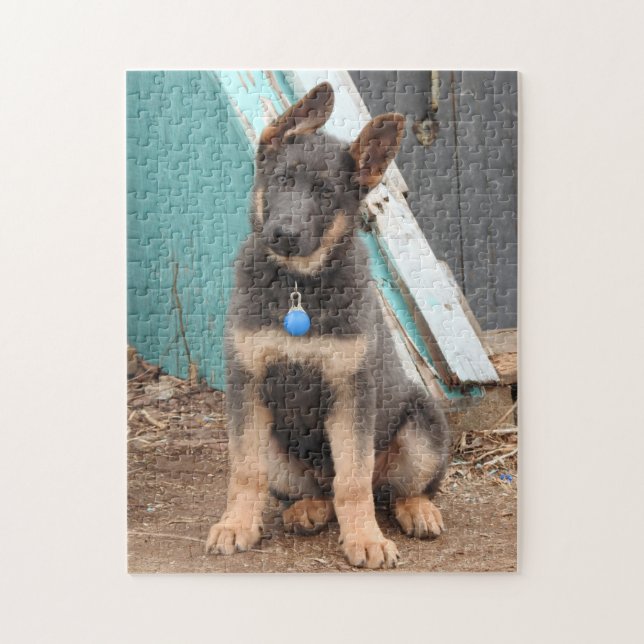 Blue German Shepherd Dog Teal Wood Jigsaw Puzzle (Vertical)