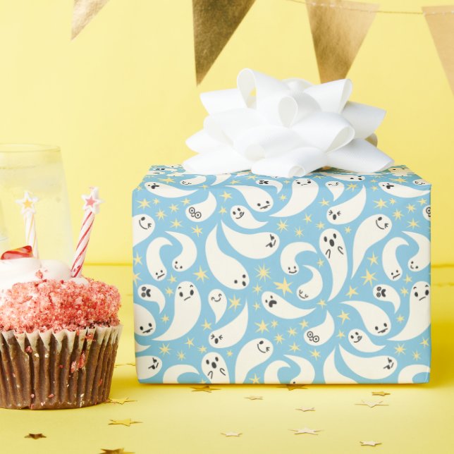 Blue Ghost Halloween Pattern Wrapping Paper (Birthday Party)