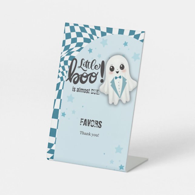 Blue Ghost Little Boo is almost due Baby Shower Pedestal Sign (Front)