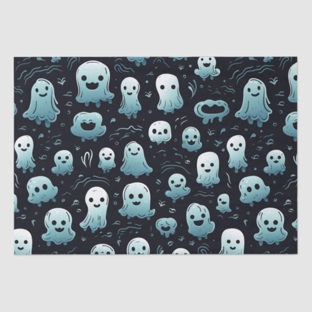 Blue Ghosts Cute Modern Adorable Black Halloween Tissue Paper (Front)