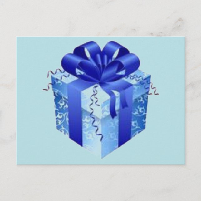 Blue Gift Box with Blue Ribbon Holiday Postcard (Front)