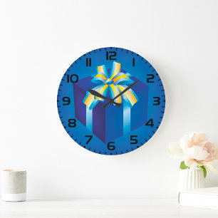 Blue Gift Box with Yellow and Aqua Ribbon Large Clock