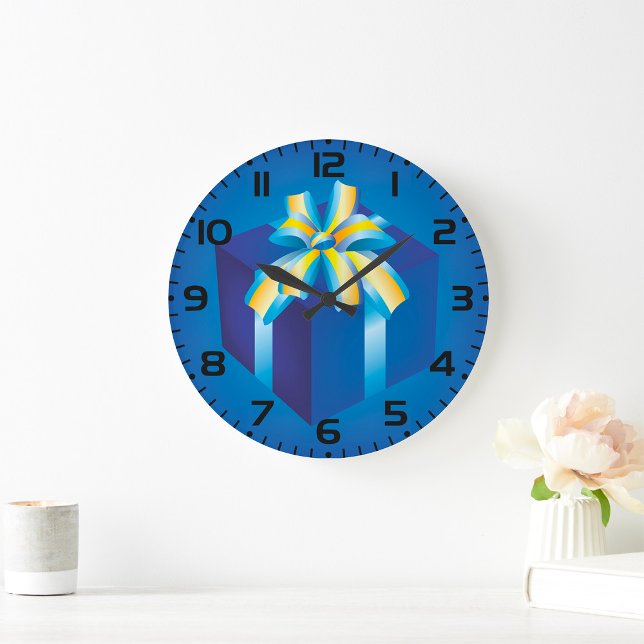 Blue Gift Box with Yellow and Aqua Ribbon  Large Clock (Creator Uploaded)