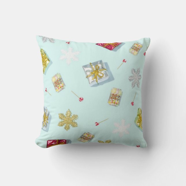 Blue Gifts and Candy Retro Style Christmas Throw Pillow (Front)