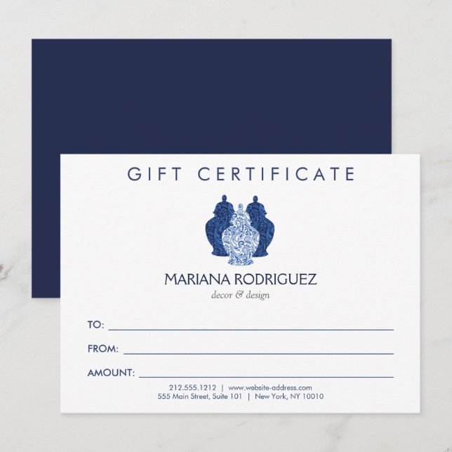 Blue Ginger Jars Pottery Logo Gift Certificate (Front/Back)