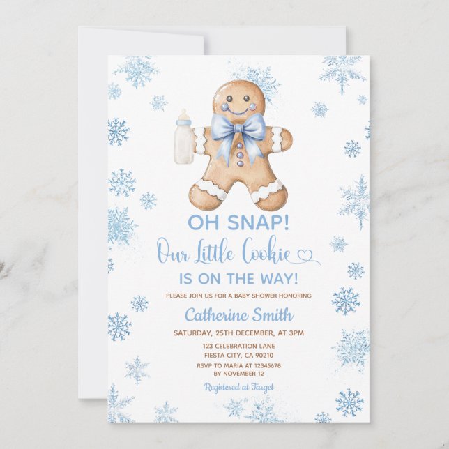 Blue Gingerbread Christmas Baby Shower Snowflakes Invitation (Front)