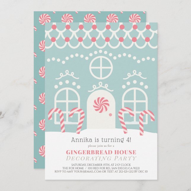 Blue Gingerbread House Decorating Birthday Party Invitation (Front/Back)