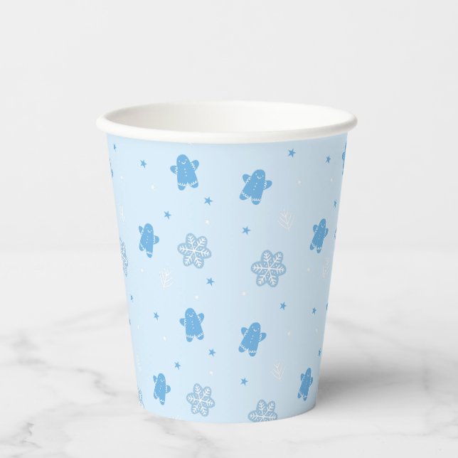 Blue Gingerbread Man Snowflakes Christmas Pattern Paper Cups (Front)