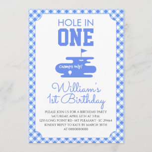 Blue Gingham 1st Birthday Golf Invitation