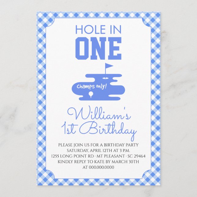 Blue Gingham 1st Birthday Golf Invitation (Front)