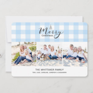 Blue Gingham 3-Photo Christmas Card