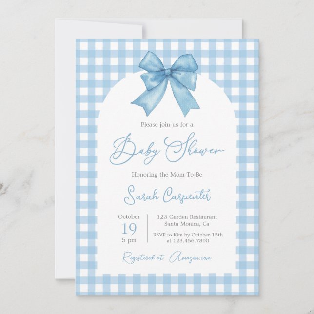 Blue Gingham and Bow Baby Shower Boy Invitation (Front)