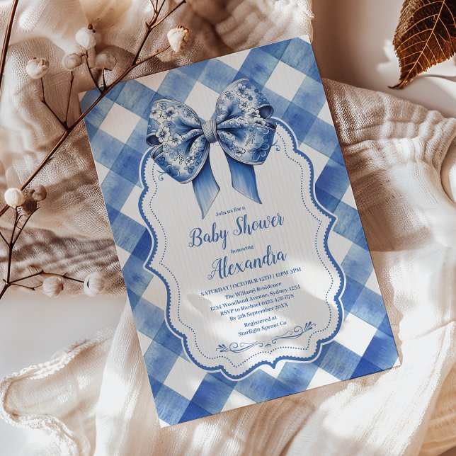 Blue Gingham and Bow  Invitation (Creator Uploaded)