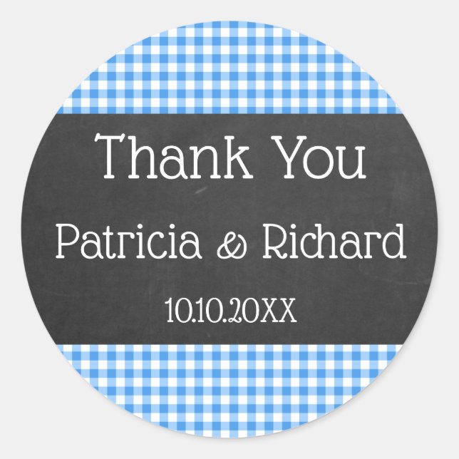 Blue Gingham And Chalkboard Wedding Thank You Classic Round Sticker (Front)