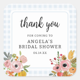 Blue Gingham and Flowers Bridal Shower Thank You Square Sticker